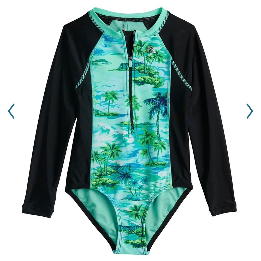 ZeroXposur Long Sleeve One-Piece Swimsuit Zip Kids Girl's Green